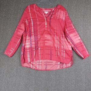J. JILL WOMENS BRIGHT PINK 3/4 SLEEVE 1/2 BUTTON UP ABSTRACT BLOUSE SIZE LARGE P